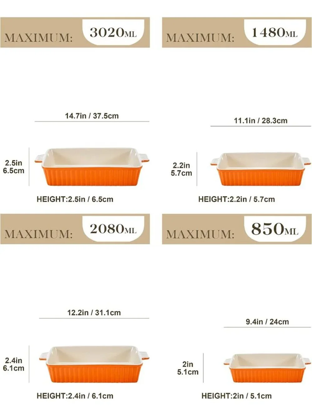 4 Set Orange Ceramic Casserole Dishes for Oven Ceramic Baking Deep Dishes Set